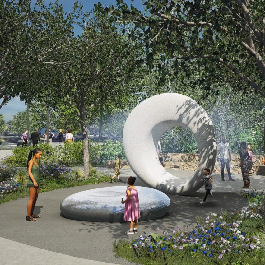 A rendering of a round water fountain in a garden