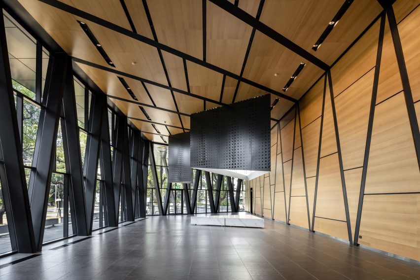 Interior image of the timber-lined lobby at the Pingtung Public Library