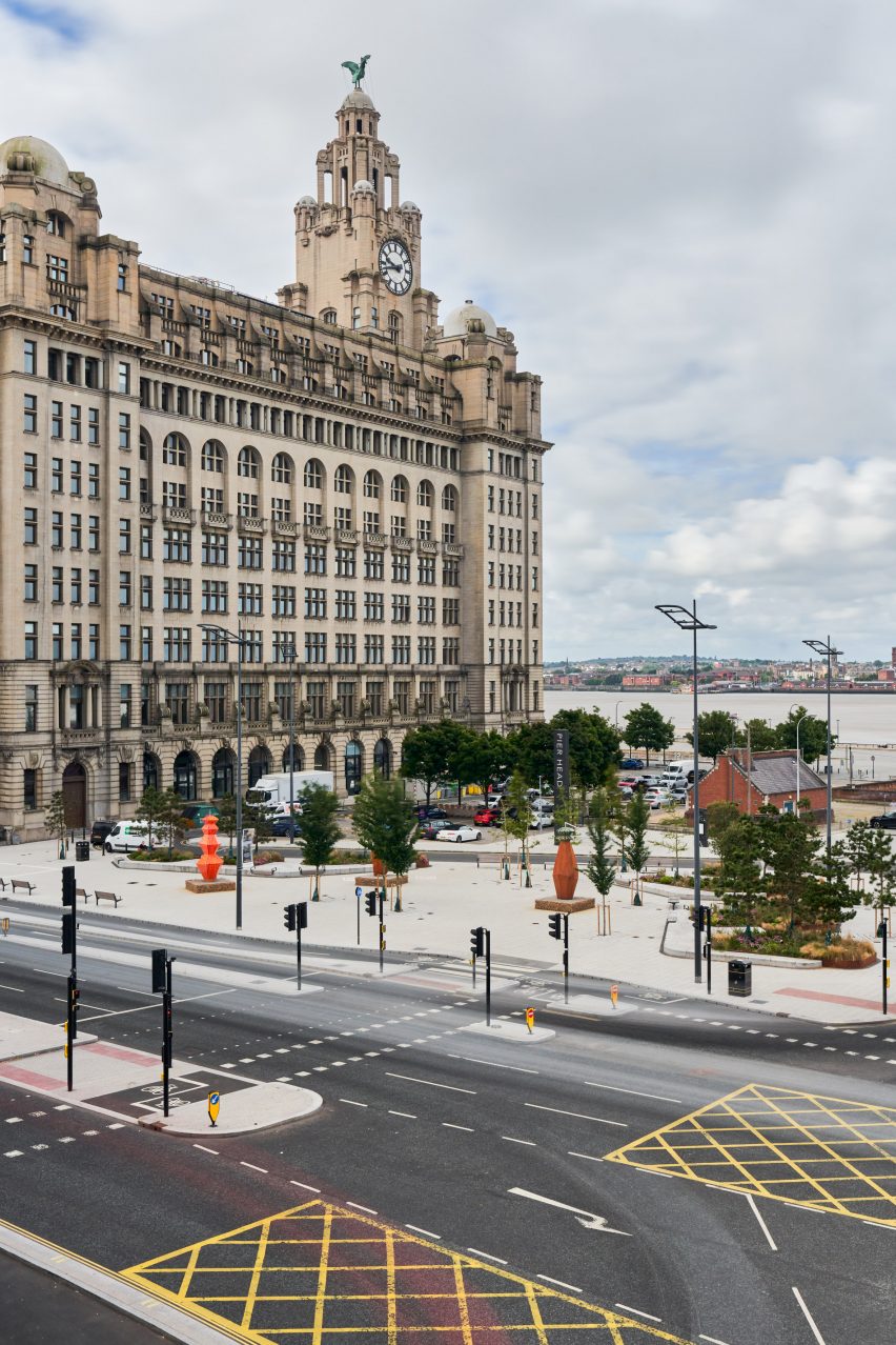 Aerial view of Liverpool's St Nicholas Place and the Merseyside Totemy sculptures by Alicja Biala