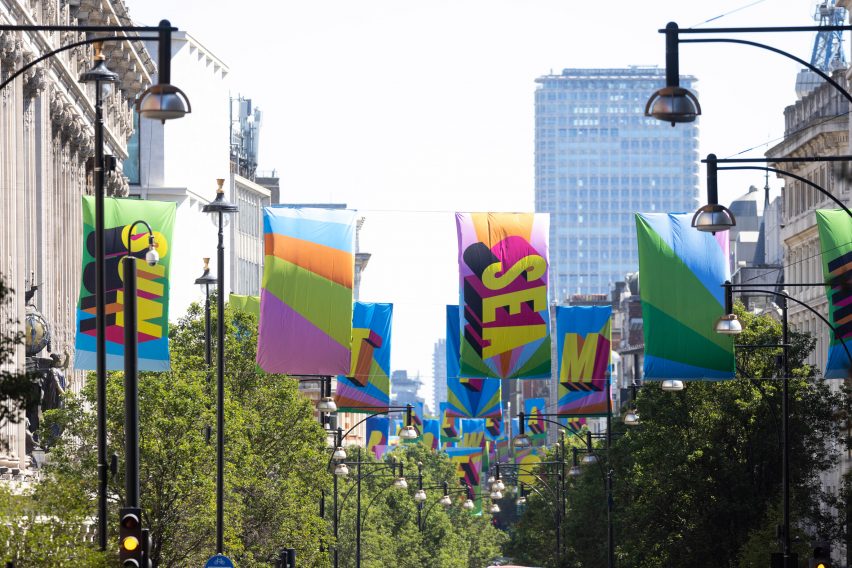 Morag Myerscough's Clean Power flags with the words sun and air
