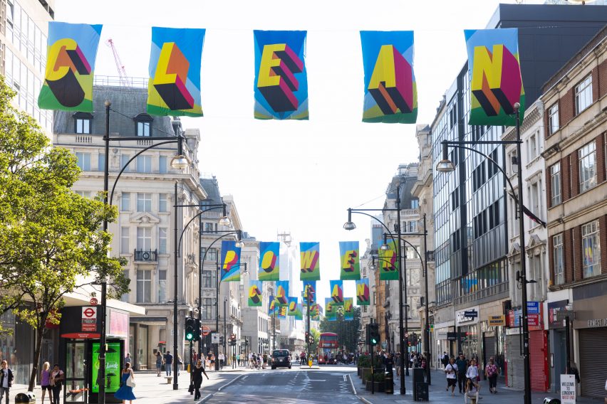 Morag Myerscough's Clean Power flags on Oxford Street spelling the words 'Clean Power'