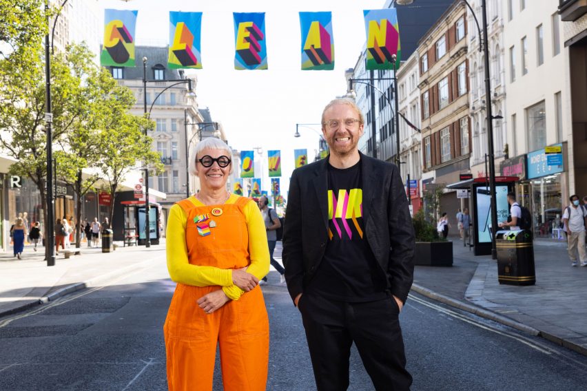 Morag Myerscough and Oliver Wayman pictured with the Clean Power flags