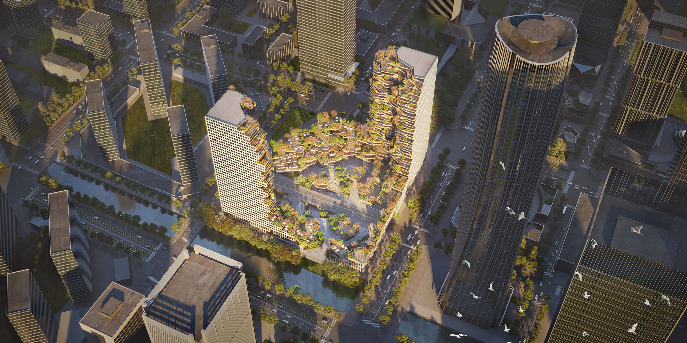 Aerial render of Oasis Towers