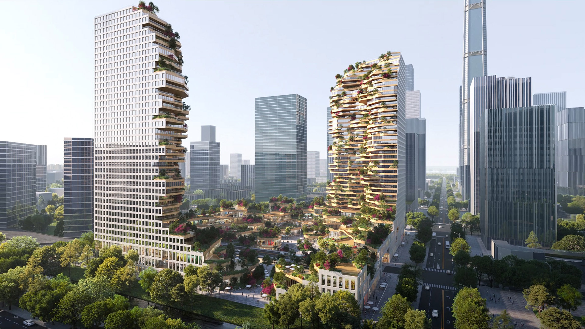 Render of the gridded exterior of Oasis Towers and its plant line interior facades