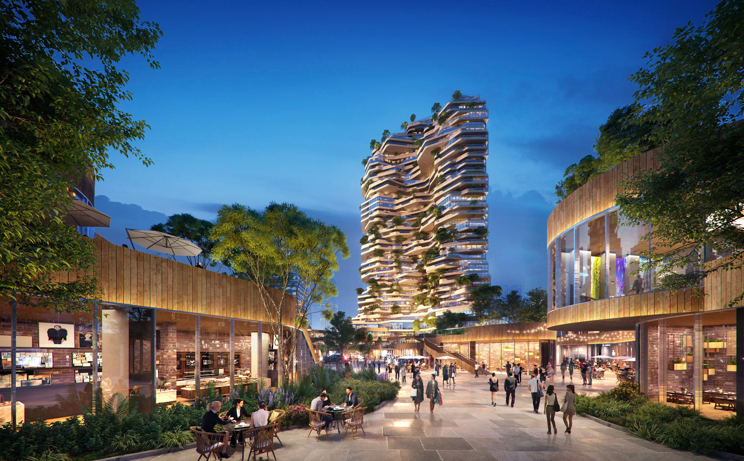 Render of the public plaza and shopping areas at Oasis Towers