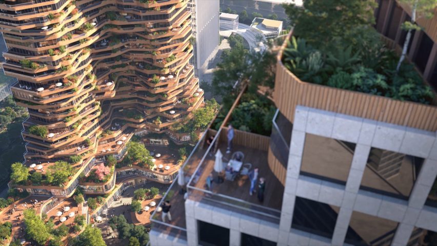 Render of the bamboo-clad terraces at Oasis Towers