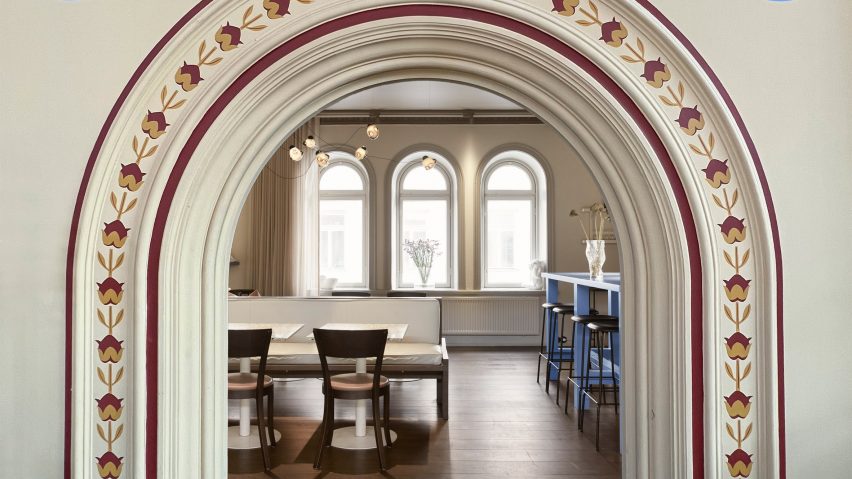 Arched entrance of Tysta Mari restaurant in Stockholm by Note Design Studio