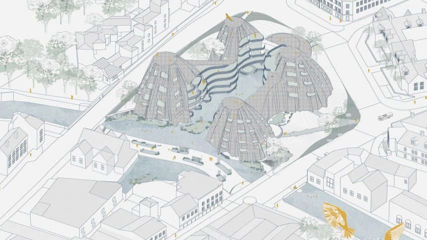 White and blue axonometric drawing of a large sculptural building in a residential area presented on Dezeen School Shows