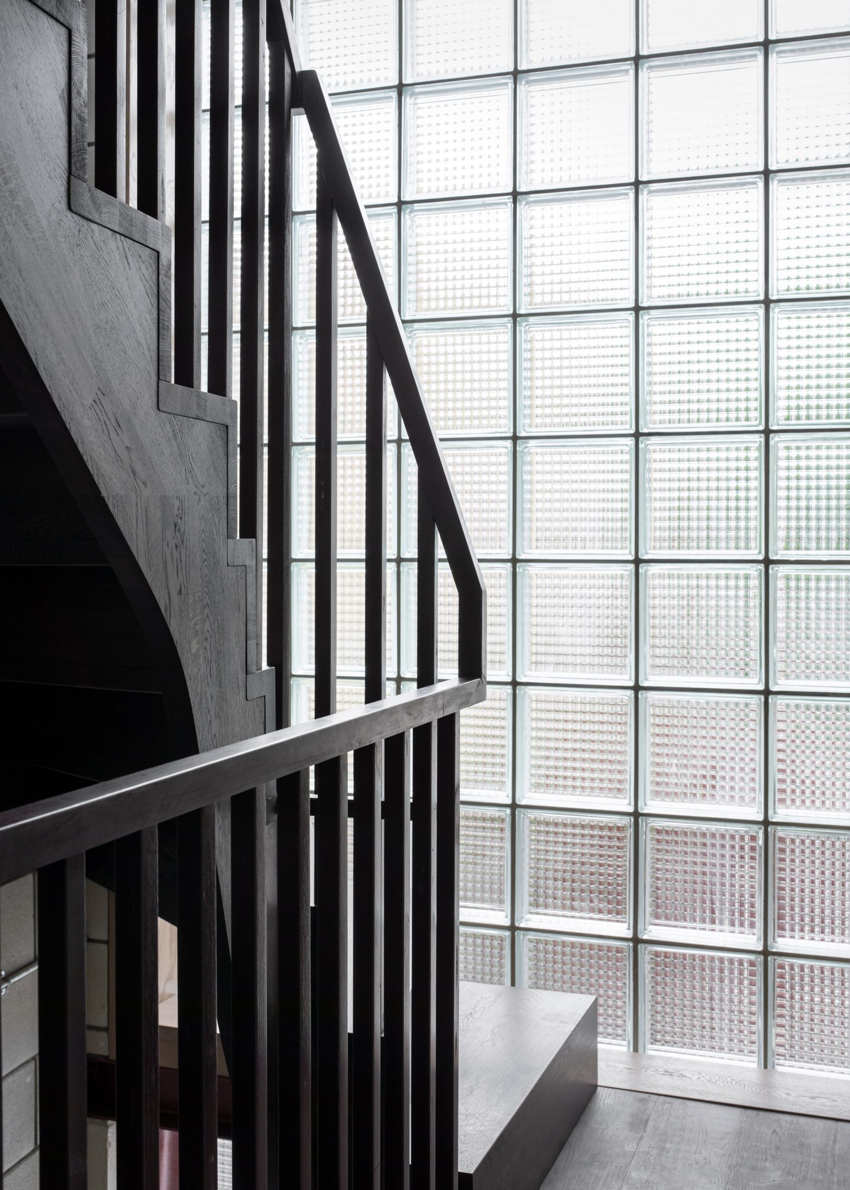 Stairwell lined with glass blocks