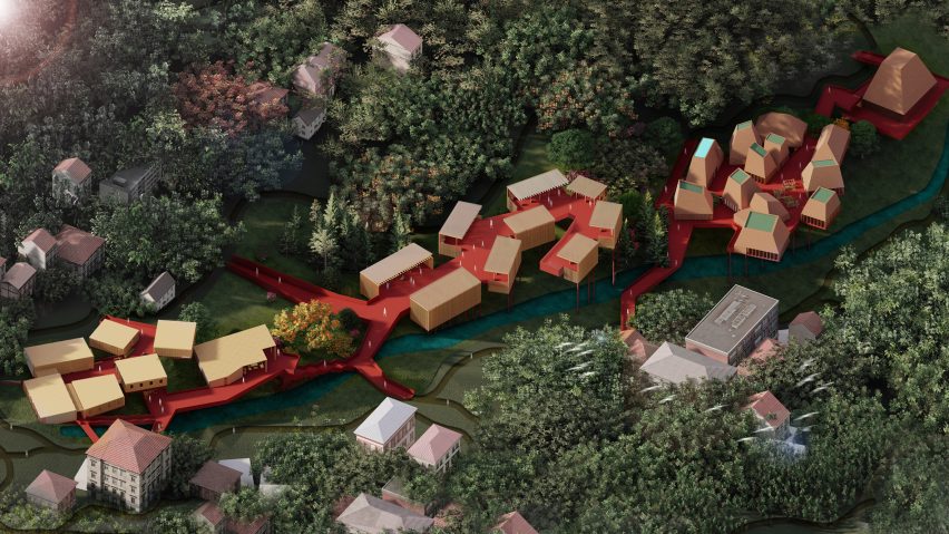 3D digital model of a forest area with a red walkway and shed-like buildings