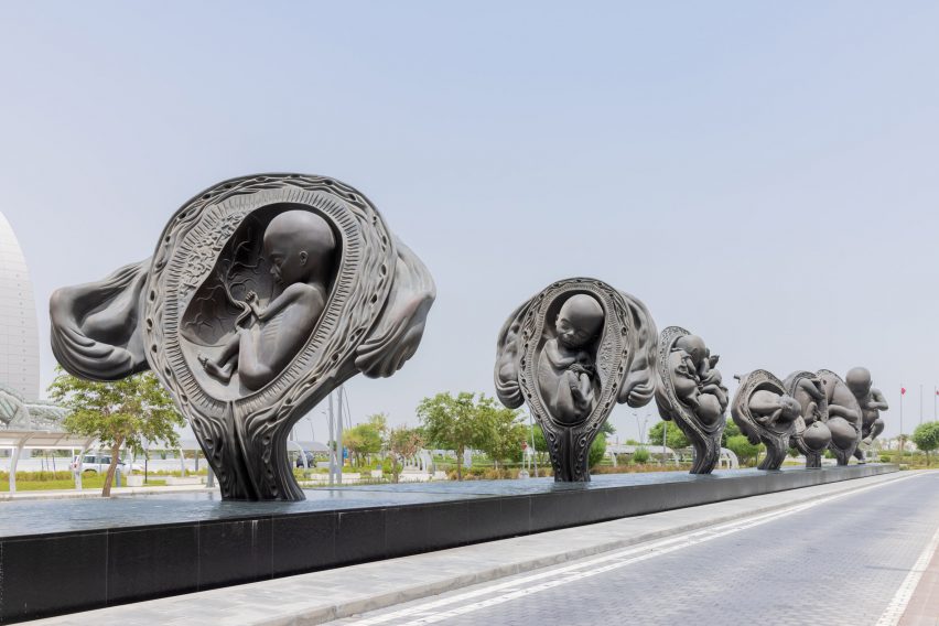 Large sculptures by artist Damien Hirst depicting a foetus