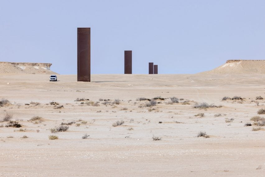 Large weathered steel sculptures in the desert of Qatar