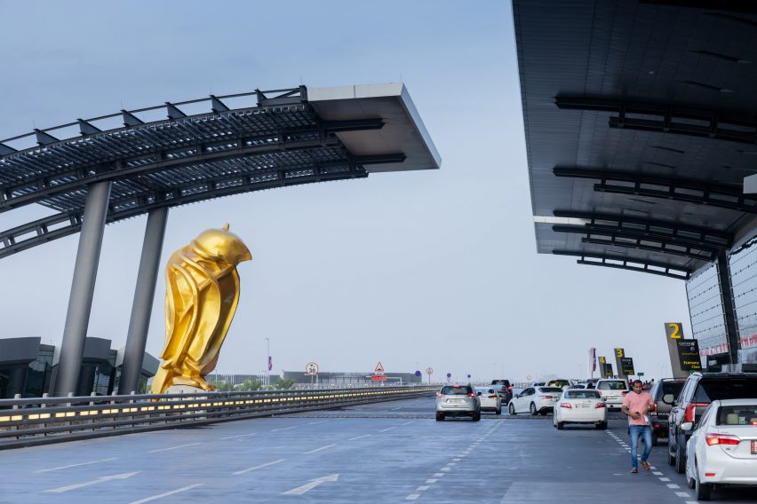 A stainless-steel sculpture overlooking the Hamad International Airport