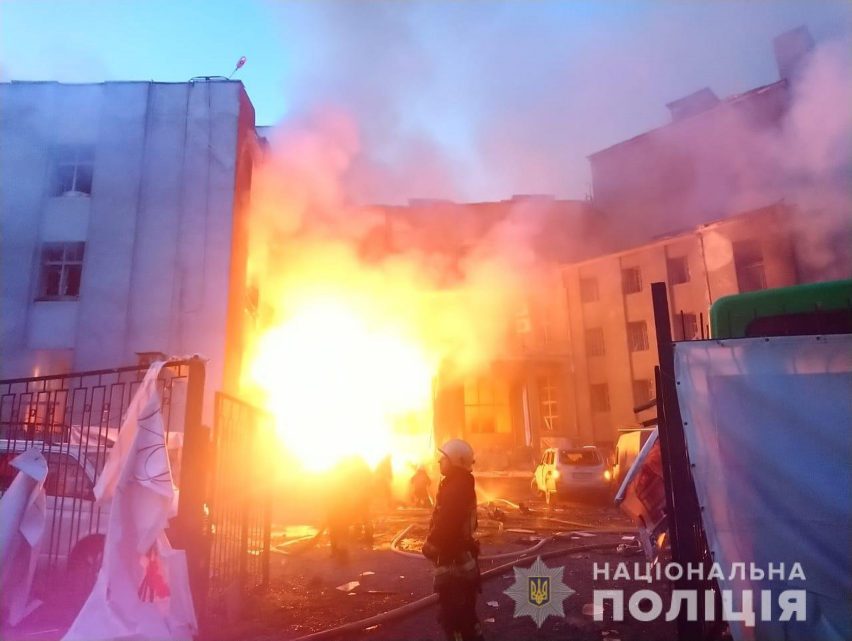 Exterior of Railway Workers Palace of Culture in Kharkiv after Russian shelling