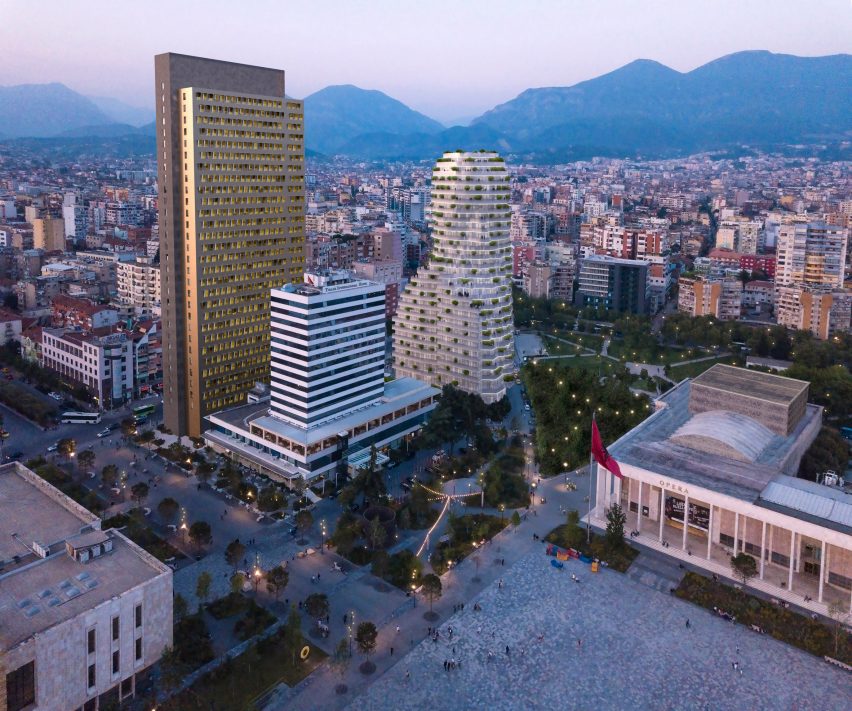 Aerial view of Skanderbeg Building in Tirana