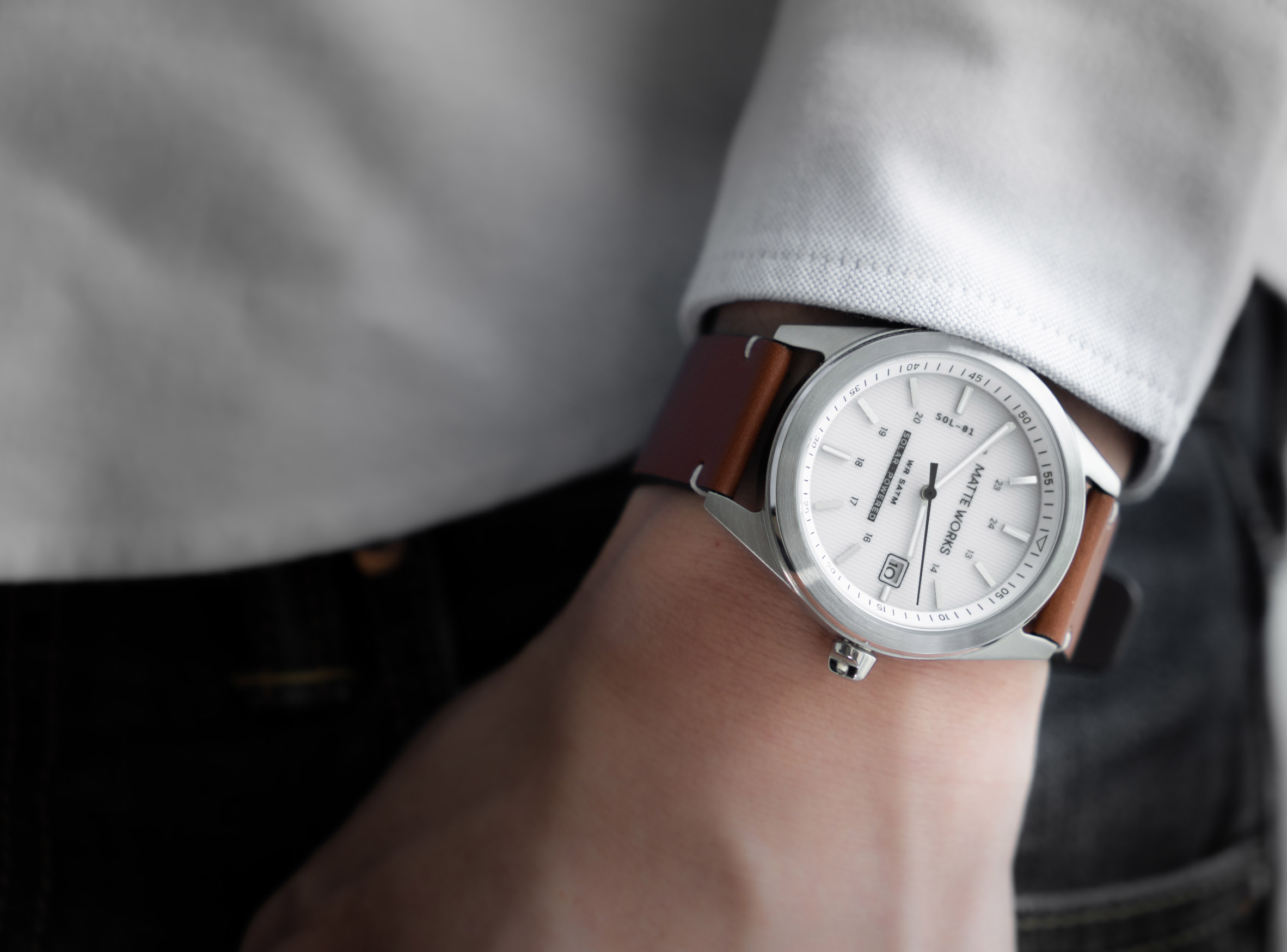 Solution-01 watch with white dial and brown leather strap