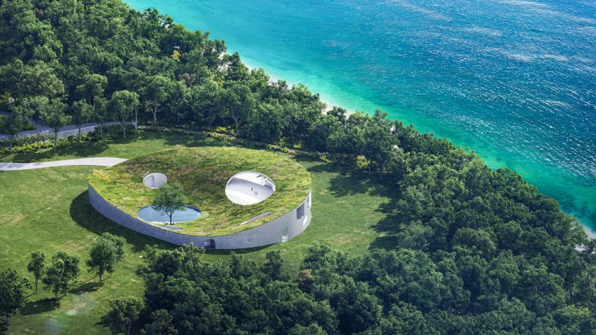 Aerial render of the disc-shaped Not A Hotel Ishigaki with circular openings in its roof
