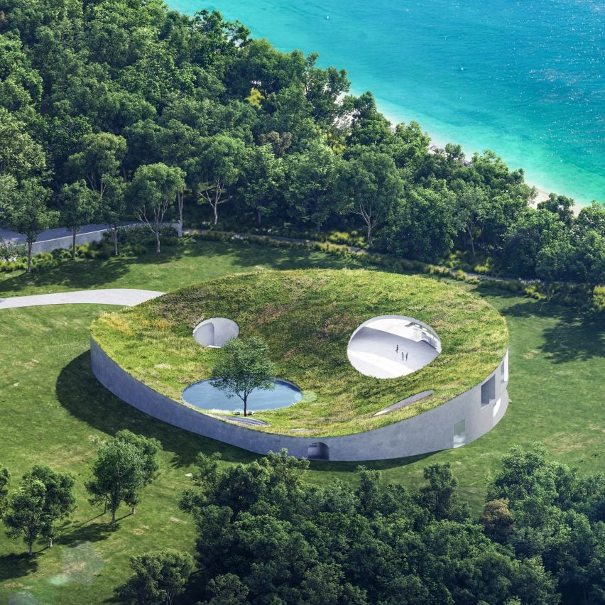 Aerial render of Not A Hotel Ishigaki which is disc-shaped