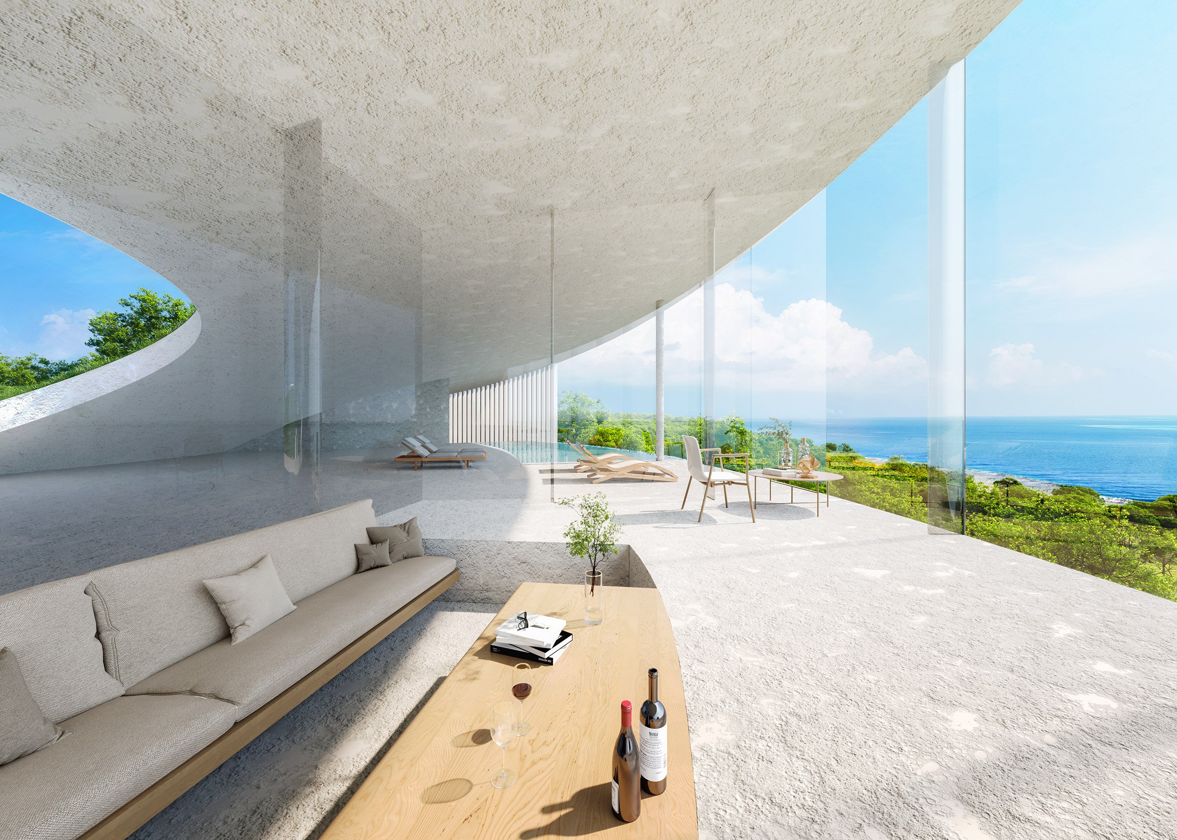 Render of the curving interior at Not A Hotel Ishigaki