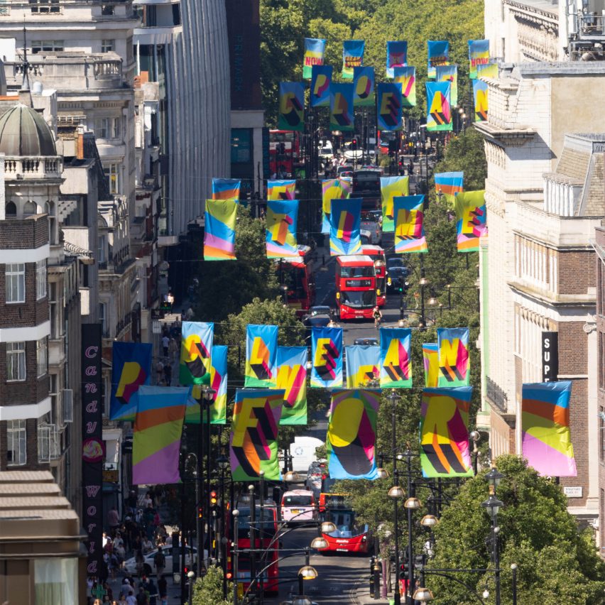 Elevated view of Morag Myerscough's flags for Clean Power on Oxford Street