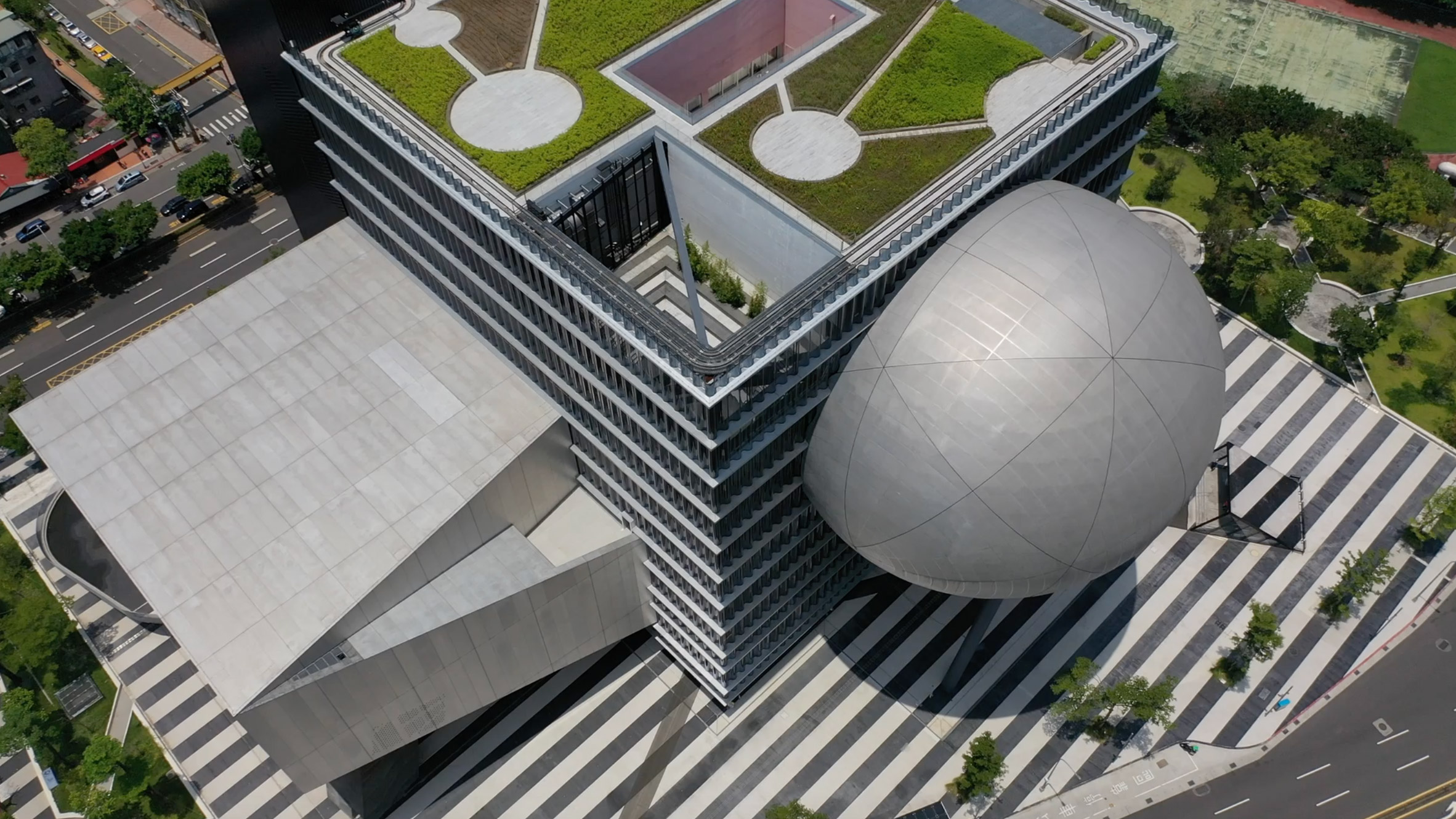 Aerial shot of large building with spherical protrusion