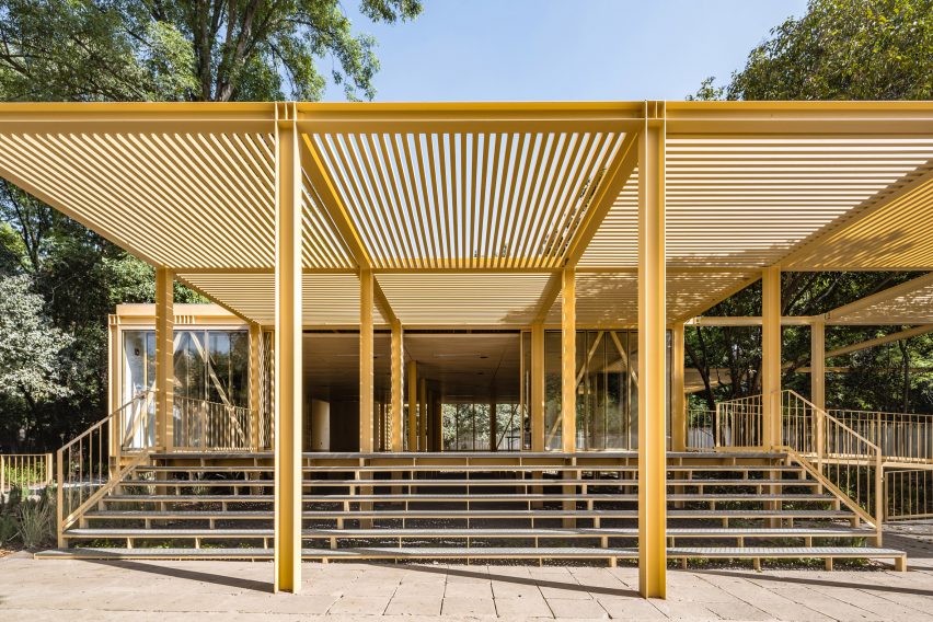 Yellow shading structure on steel pavilion 