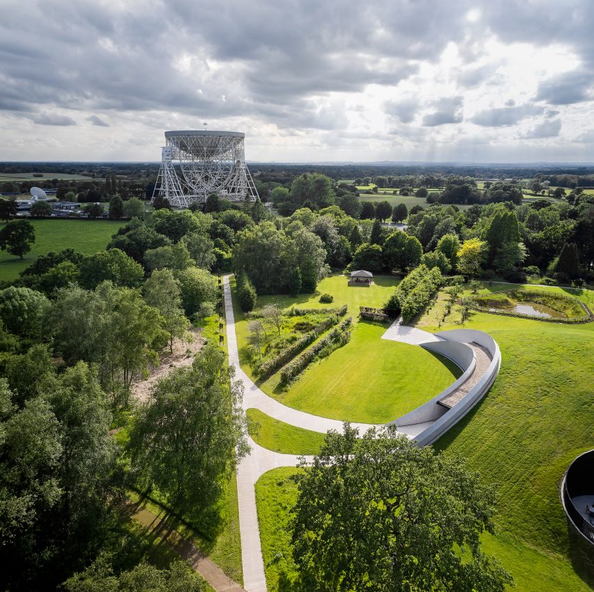Aerial view of First Light Pavilion and Lovell Telescope in Cheshire