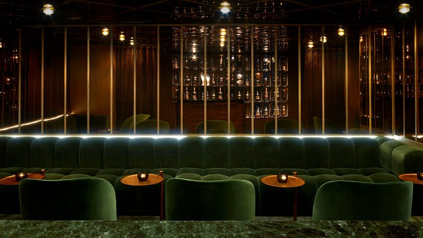 Green seating in The Londoner hotel by Yabu Pushelberg