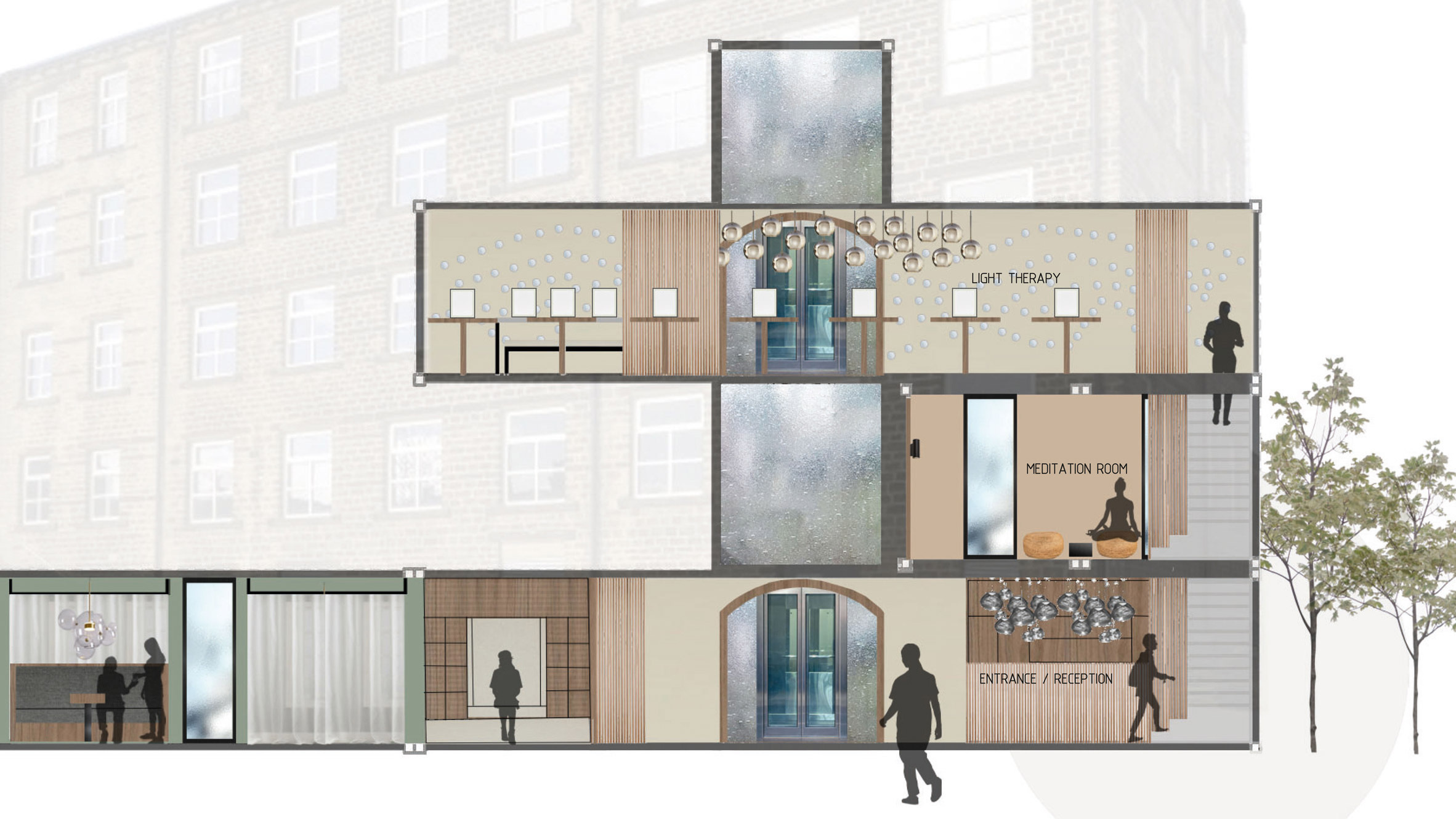 Rendered section drawing of a three storey wellness building