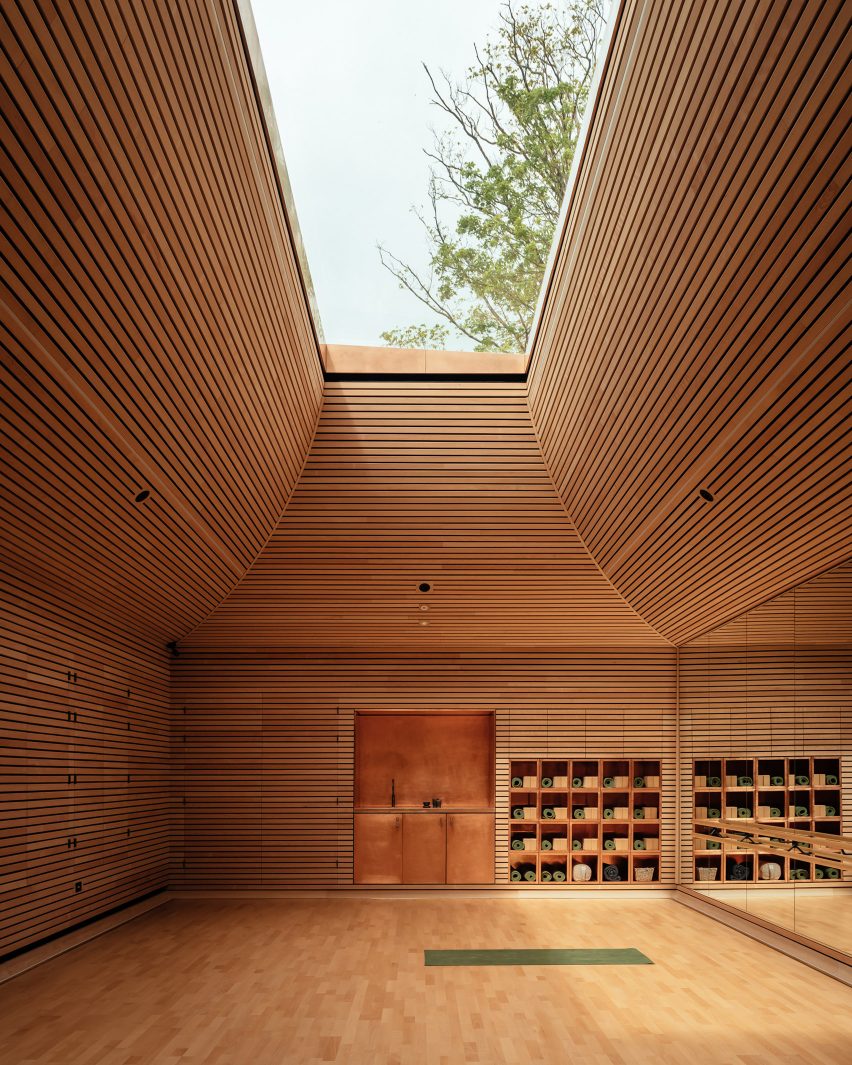 Wood-lined yoga studio at The Newt in Somerset