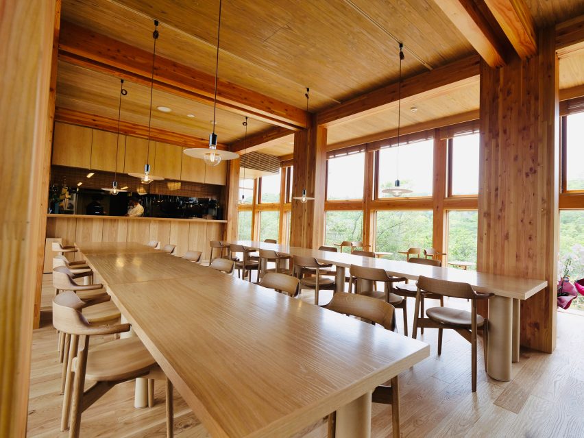 Wooden restaurant interior by Shigeru Ban