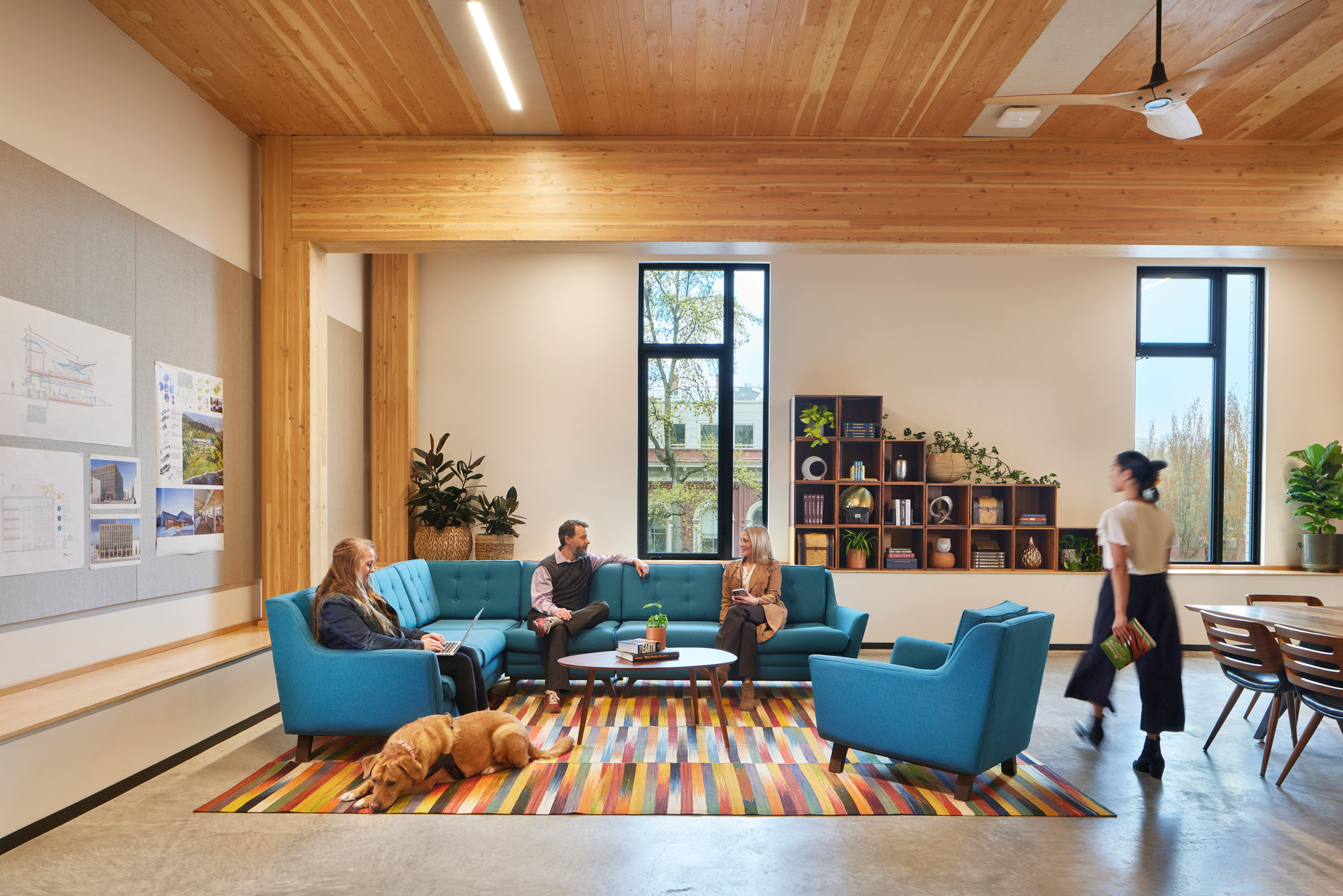 Lounge space in office mass-timber interiors