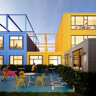 Render of the blue and yellow exterior of Revival which a concept for a demountable and scalable school in Ukraine