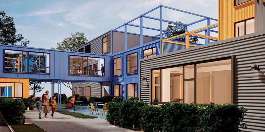 Render of the exterior of Revival which is a blue and yellow school concept