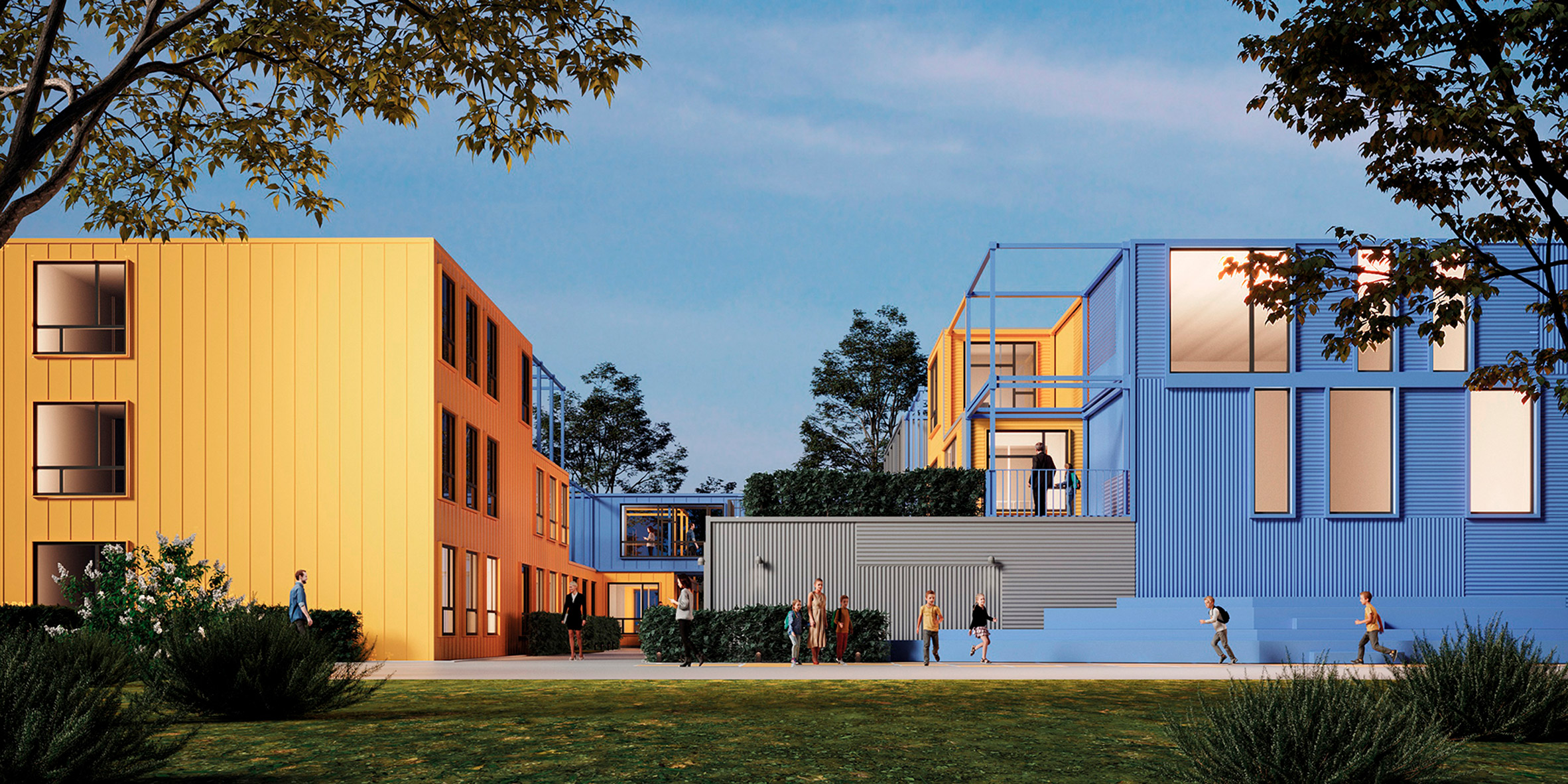 Render of people next to the blue and yellow school building by Zikzak