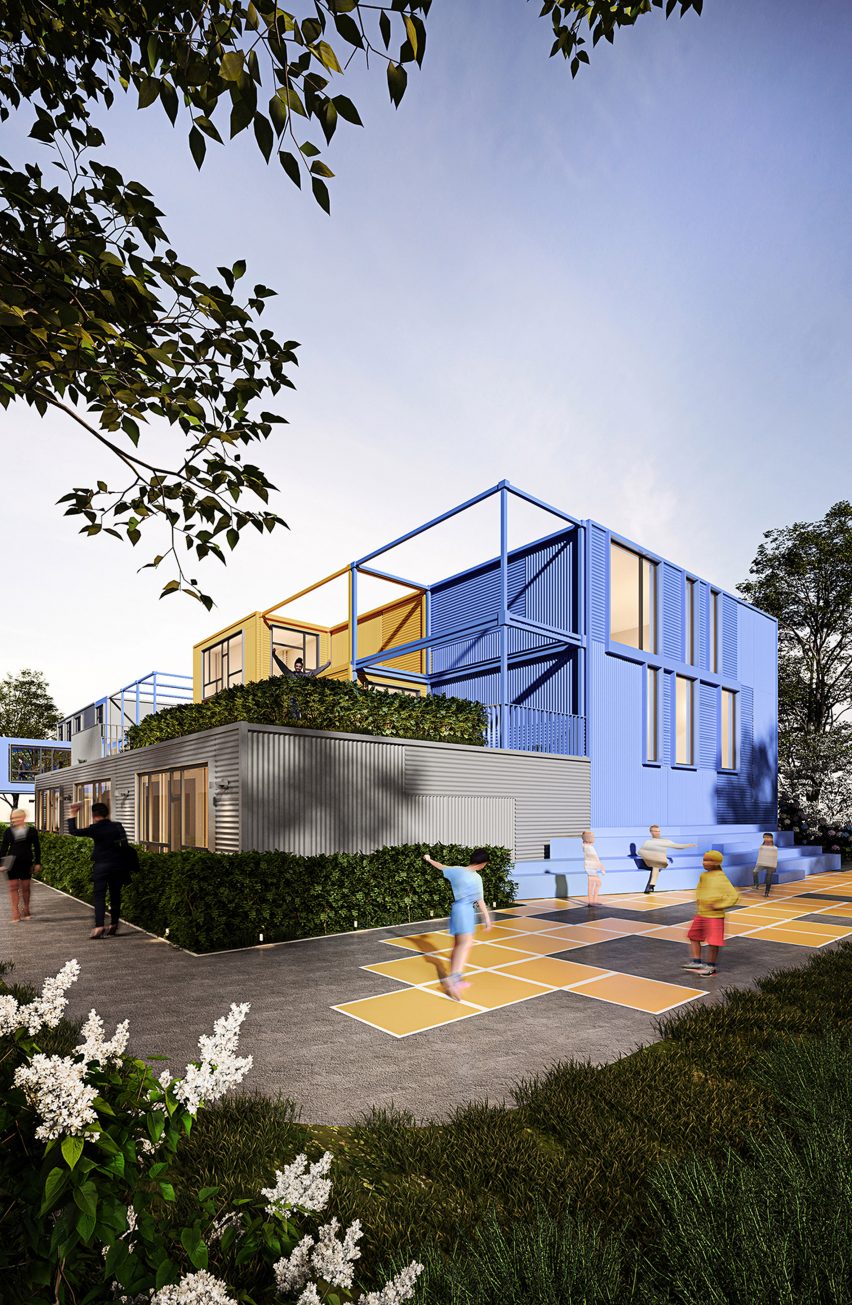 Render of the exterior of the school concept with children playing