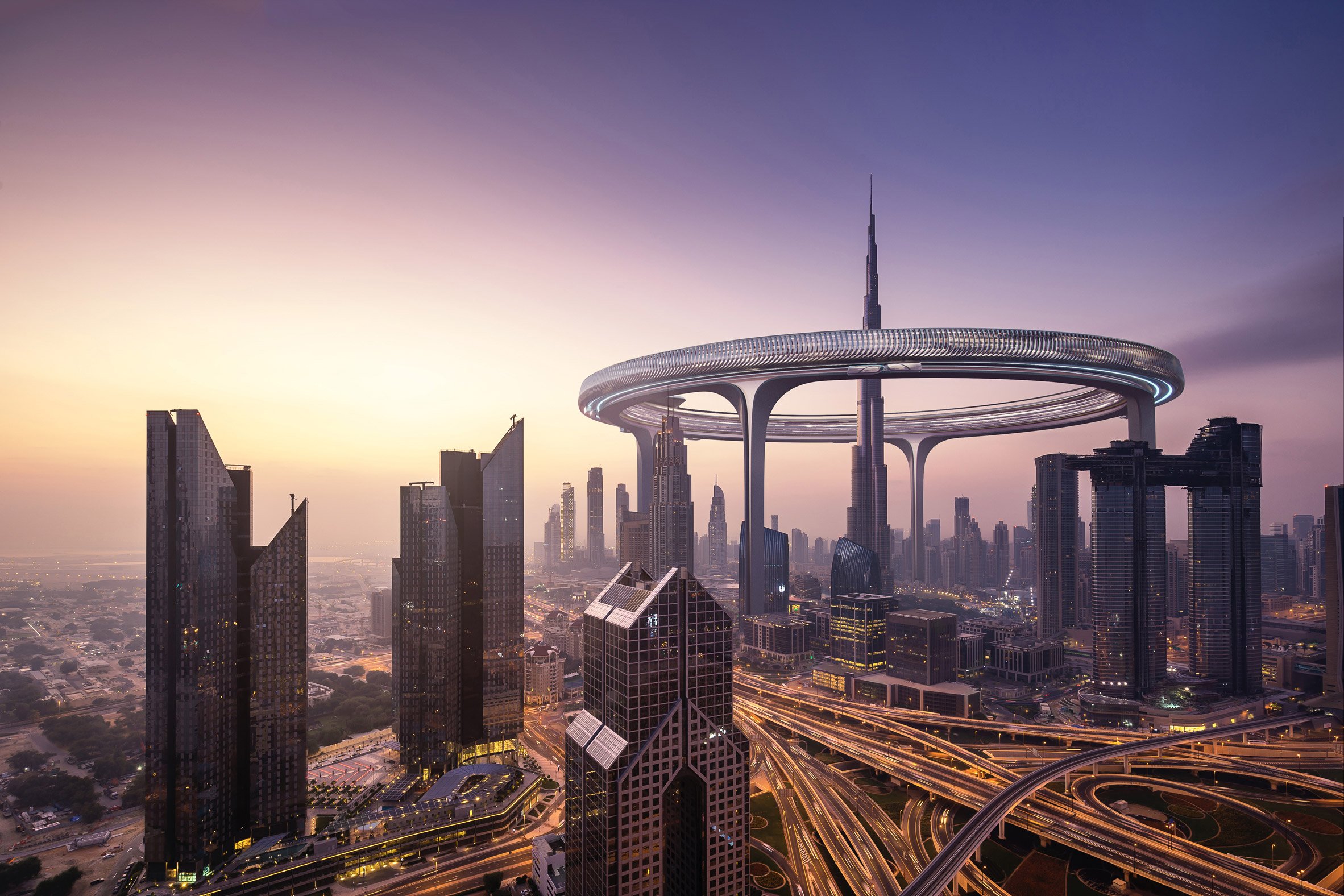 A rendering of a circular building in Dubai