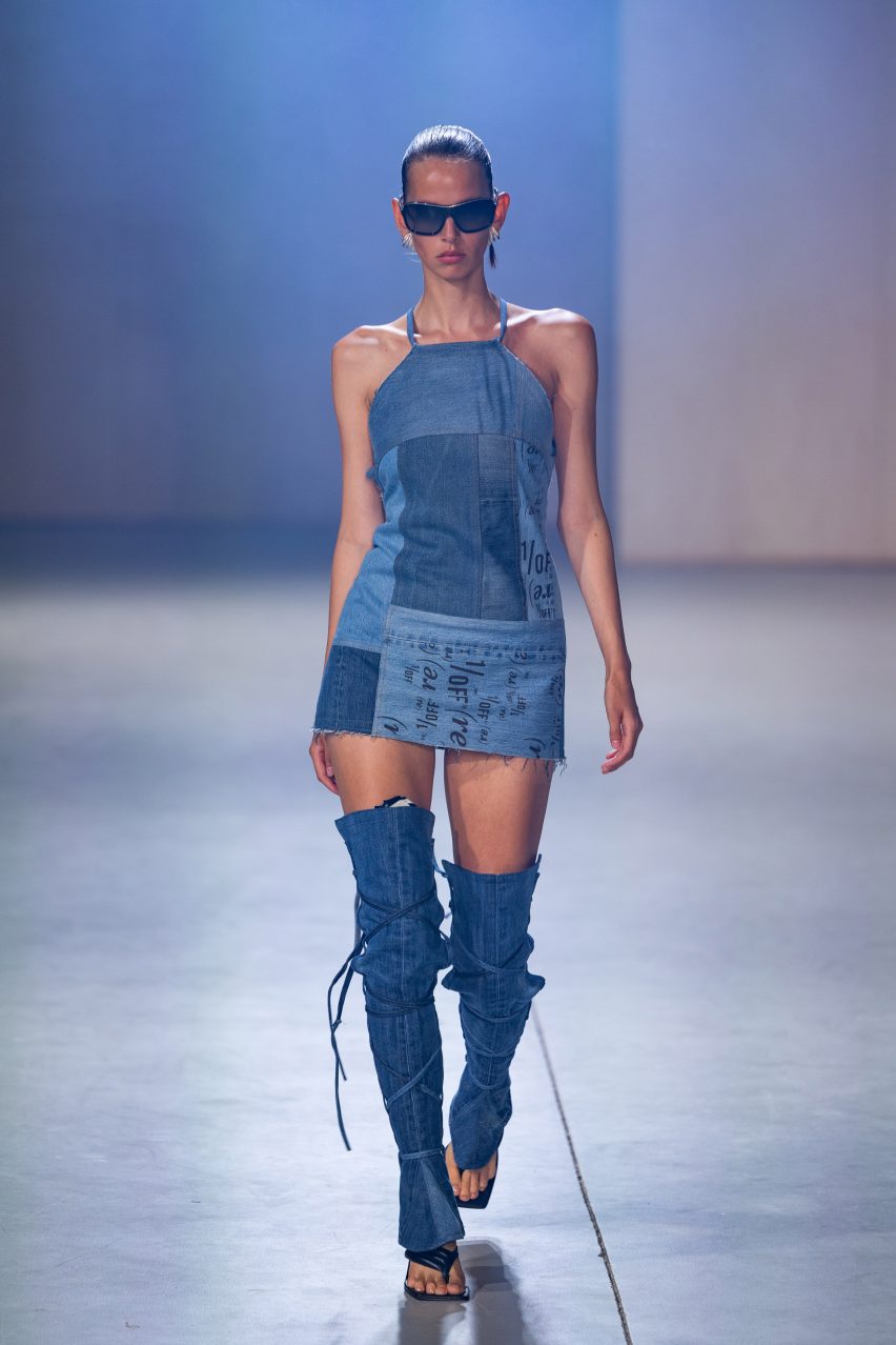 Image of a model wearing upcycled denim by 1/OFF