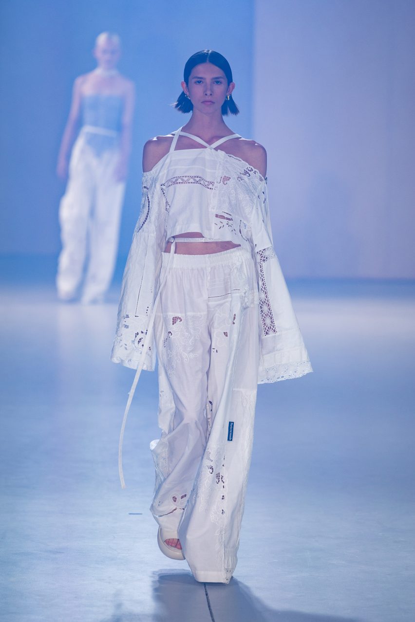 Image of a model wearing repurposed tablecloths at the 1/OFF show