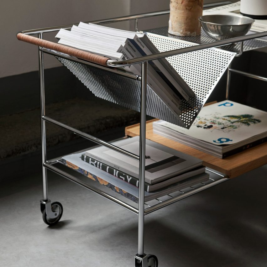Photograph showing metal trolley on cators with book storage
