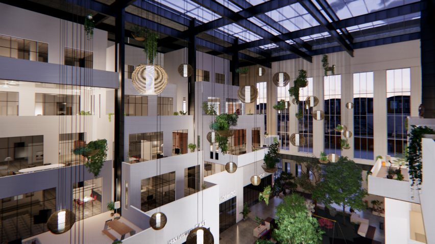 Perspective interior render of an atrium space with hanging pendant lights