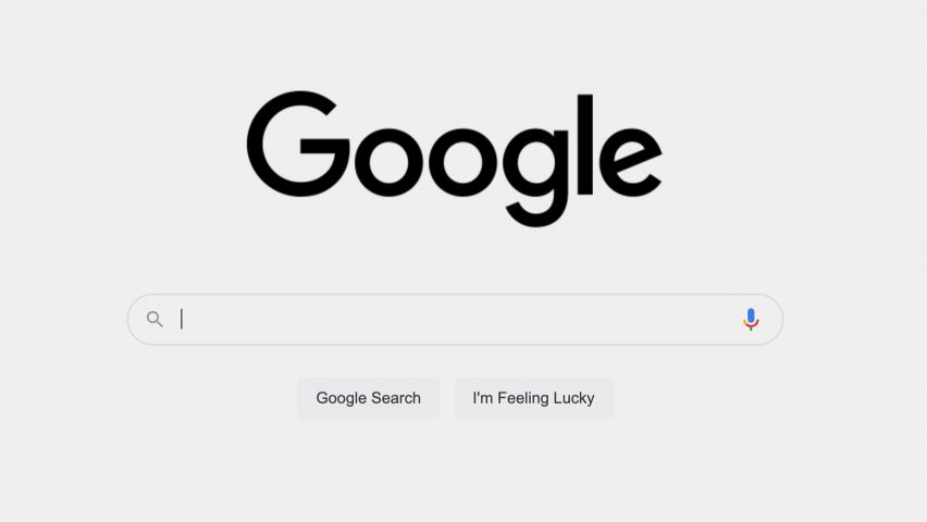 The google home page with the black Google logo. 