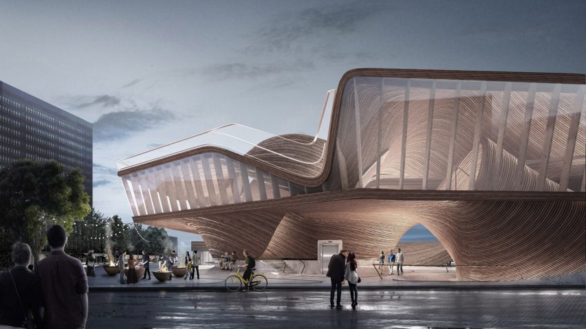 Render of a public building with a fluid shape