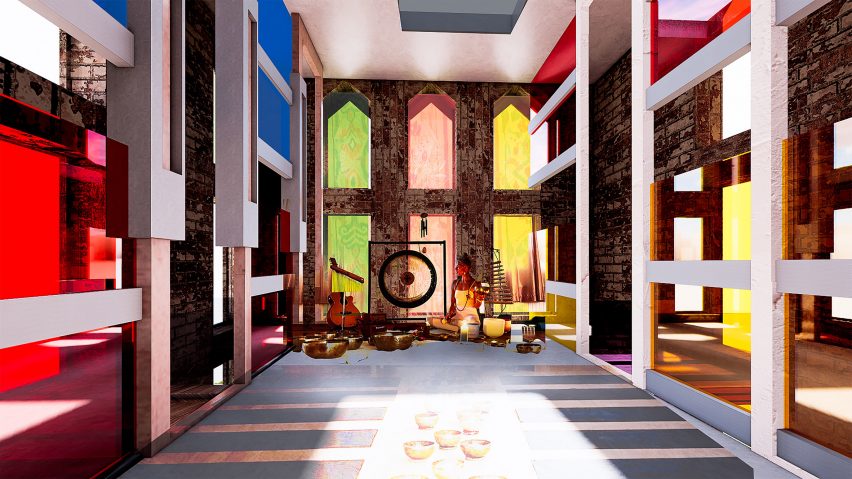 A space with colorful stained glass windows 