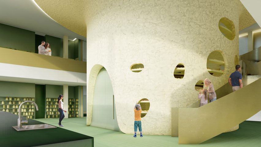 Interior render of a double-height space with circular circulation core