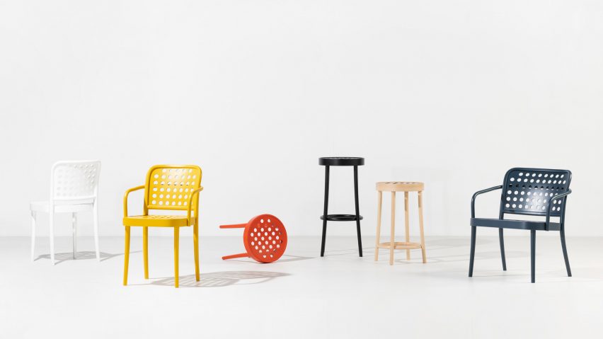 Stools, armchair and chair in different colours from Collection 822 by TON