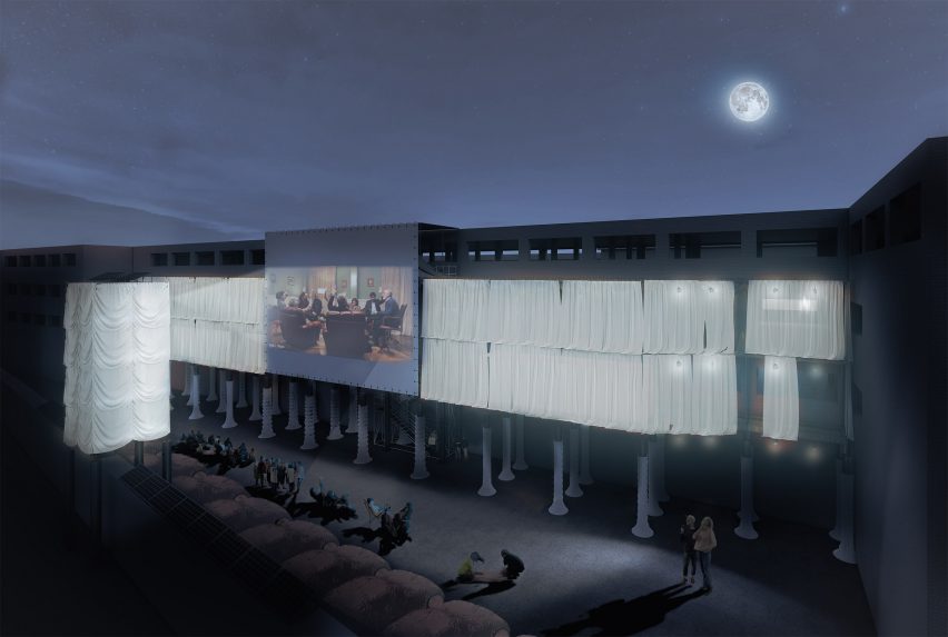 Визуализация, показывающая кинотеатр под открытым небом, сделанный из переоборудованной многоэтажной автостоянки.