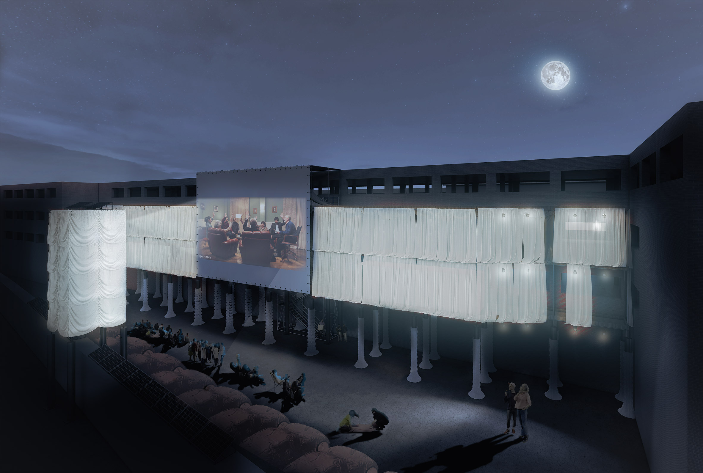 Visualisation showing outdoor cinema made from converted multi-storey car park