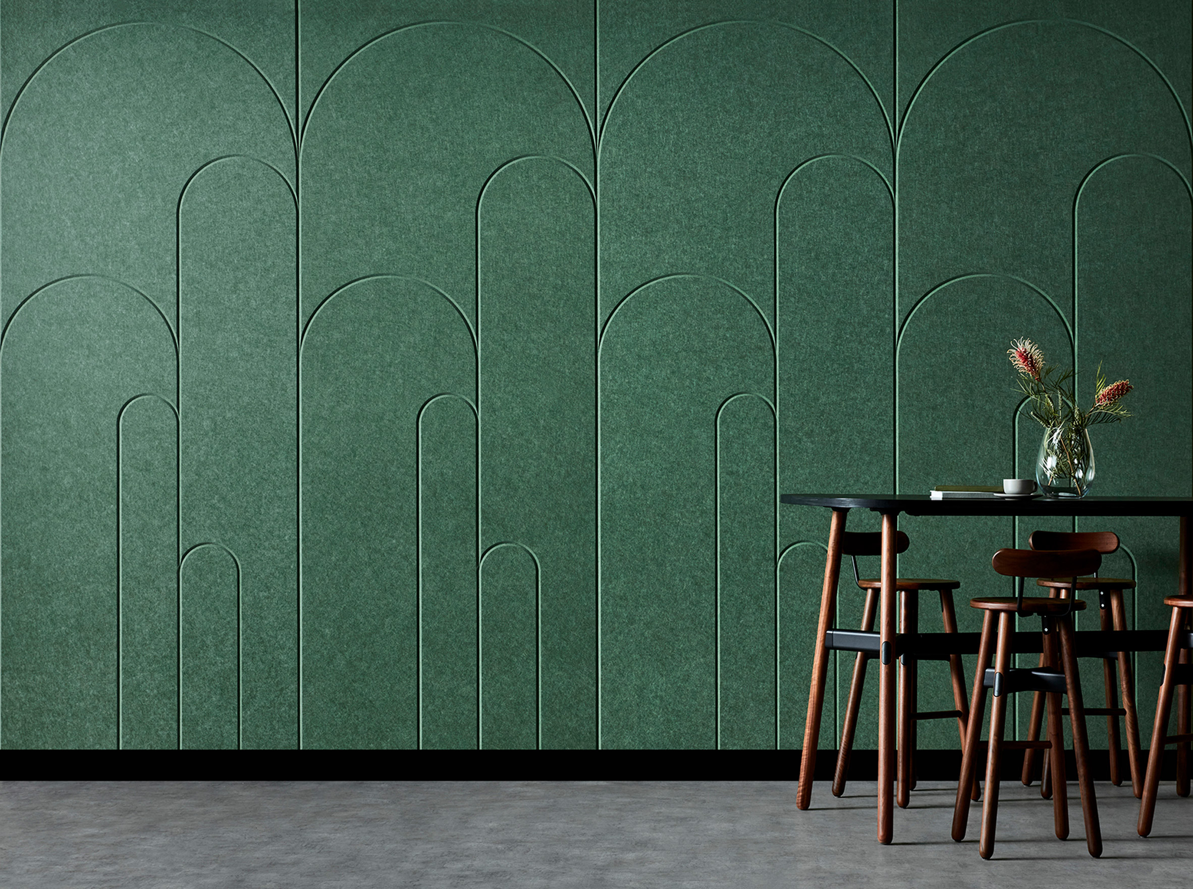 Green aoustic wall panel with arched pattern