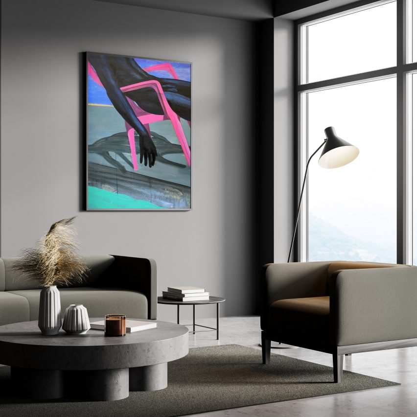 An abstract artwork hanging on a wall